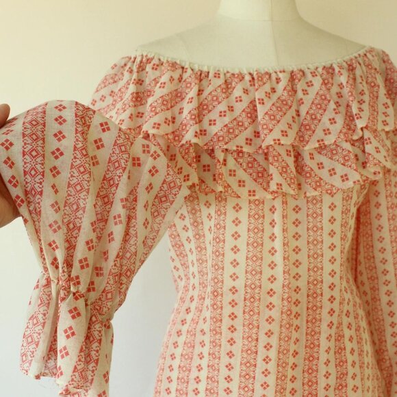 Vintage 1960s 1970s Skirt and Blouse, Neiman-Marcus Orange and Cream Peasant Sty - Picture 5 of 10